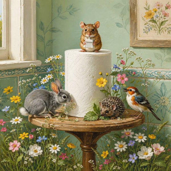 Kleine Badkamerinspecteur – landelijk schilderij muis konijn egel roodborst badkamer