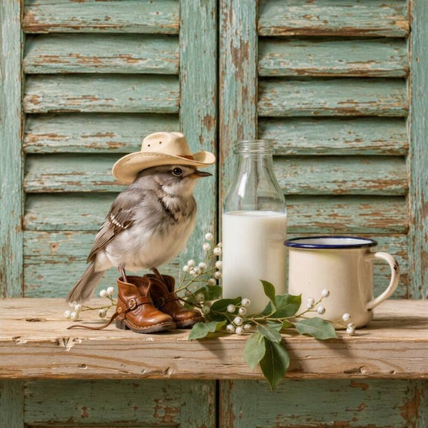 Kleine Cowboy aan de Rand – landelijk schilderij vogel cowboyhoed melkfles