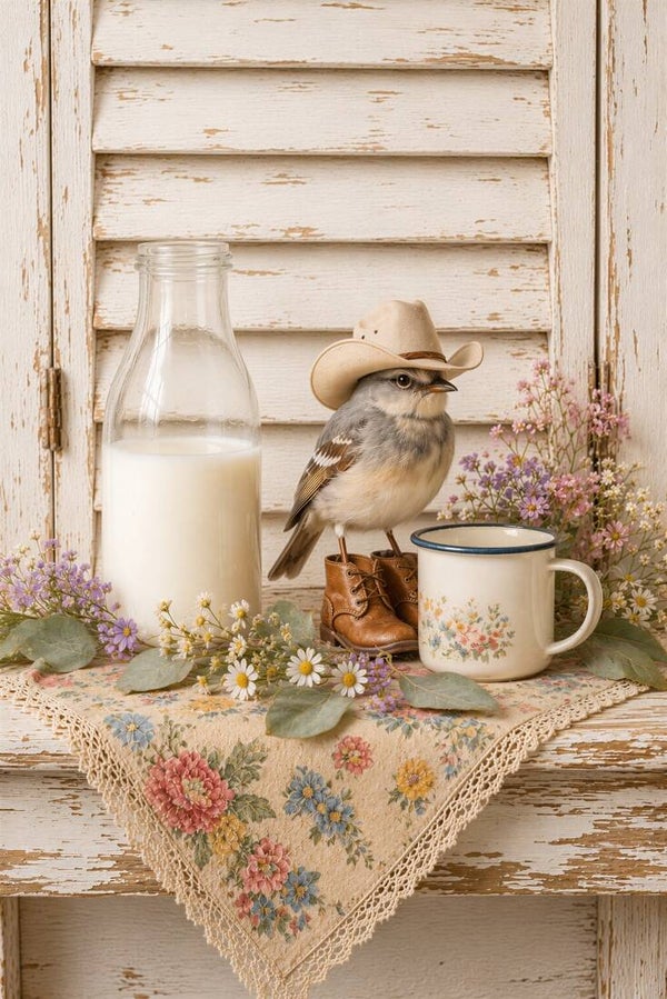 Kleine Cowboy – vogel schilderij met cowboyhoed, melkfles en emaille mok