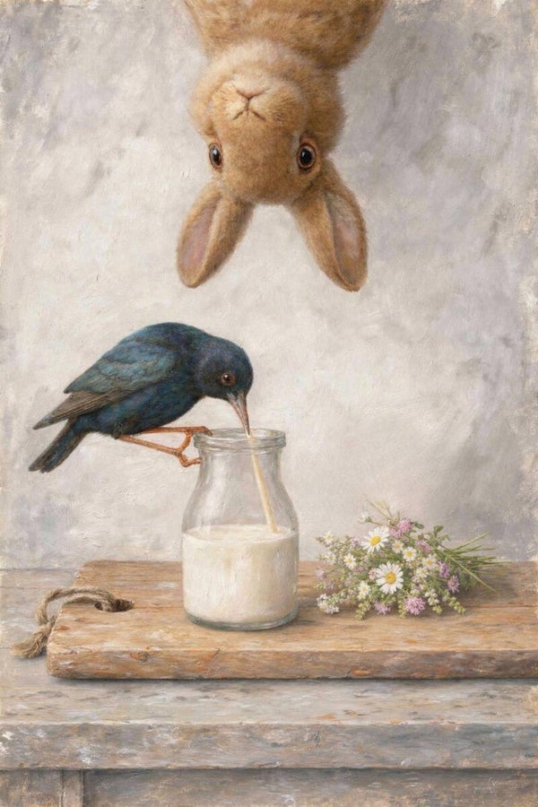 Kleine Keukenkijkers – schilderij vogel, konijn en melkfles met bloemen