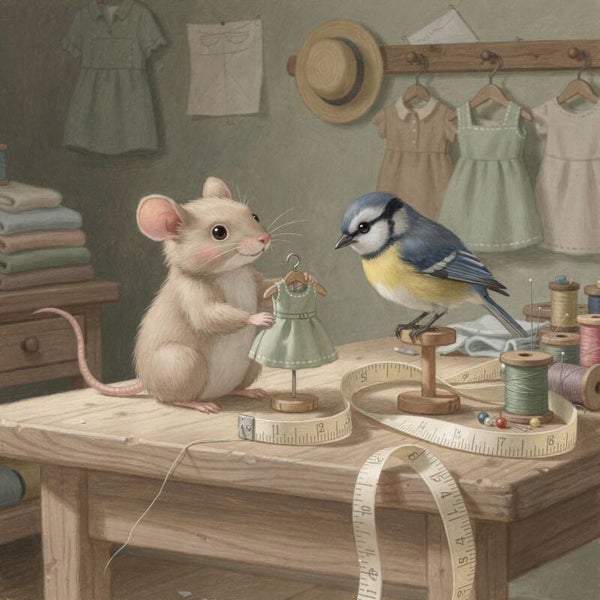 Kleine Maten – schilderij met muis en vogel in een landelijk atelier