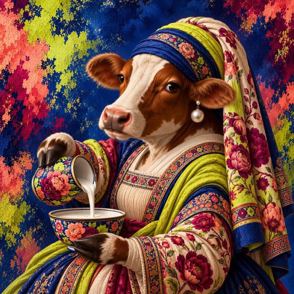 Kleurenmelk met Parel – koe schilderij melkmeisje en meisje met de parel in blauw, roze en limegroen