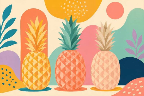 Tropical Trio – kleurrijke ananas wanddecoratie abstract geel roze groen