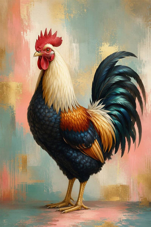 Gouden Ochtendhaan – kleurrijk keukenschilderij haan goud blauw