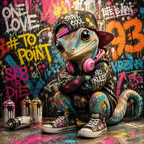 Street Gecko – kleurrijk hagedis schilderij met pet en koptelefoon