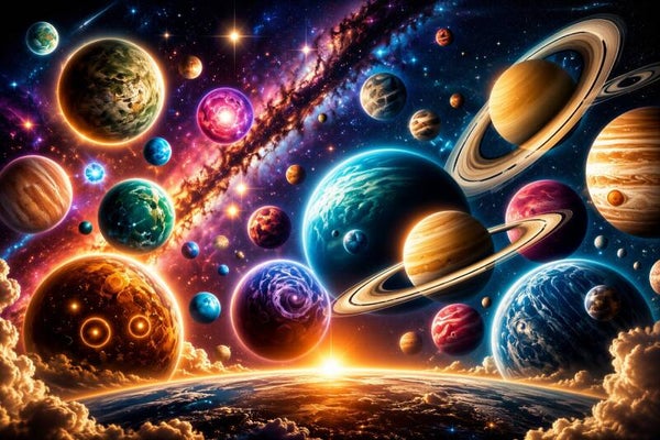 Oneindige Werelden – kleurrijk planeten en heelal schilderij