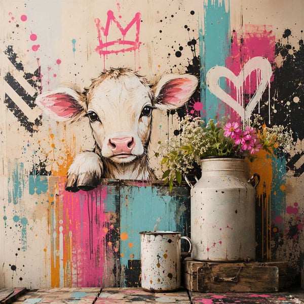 Kleine Weidekoningin – kleurrijk kalf schilderij met melkbus en bloemen