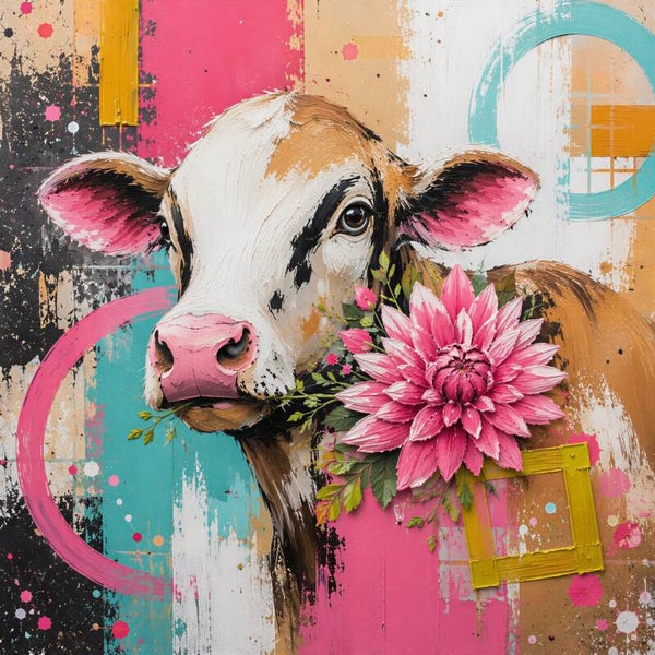 Dahlia in de Wei – kleurrijk kalf schilderij met roze bloem