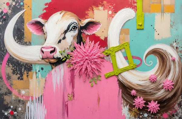 Roze Bravoure – kleurrijk koe schilderij met bloemen en grote hoorns