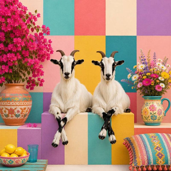 De Geitenbabbel – geiten bloemen kleurrijk schilderij modern landelijk vrolijk