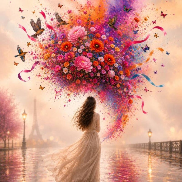 Parijse Bloemenregen – kleurrijk schilderij met bloemenexplosie en vogels