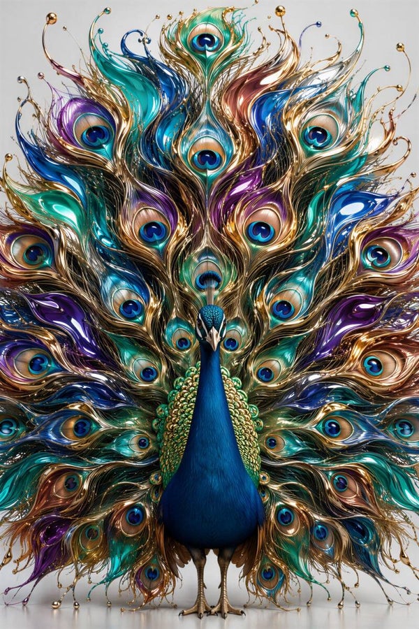Koninklijke Verenpracht – kleurrijk pauw schilderij met goud en turquoise
