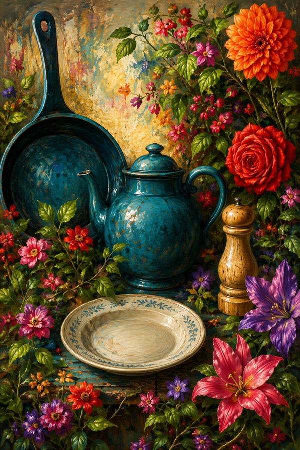 Bloemenpracht in de Landelijke Keuken – kleurrijk stilleven met turquoise servies en bloemen