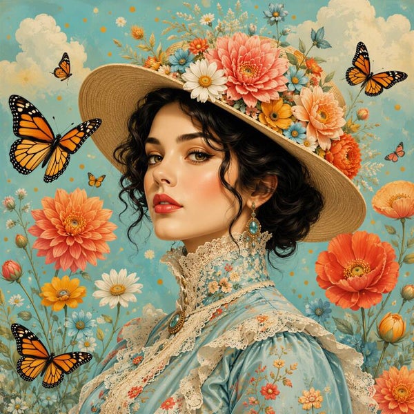 Bloemenpracht & Vlinders – vintage schilderij dame met hoed en bloemen