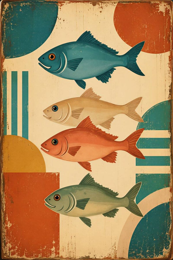 Vier Vissen Vintage Stijl – retro schilderij vissen kleurrijk patroon