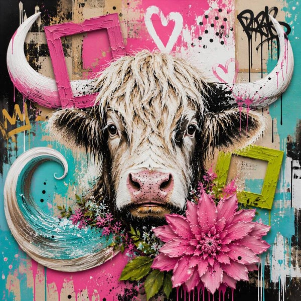 Hart van de Hooglanden – kleurrijk Schotse hooglander schilderij met roze bloem