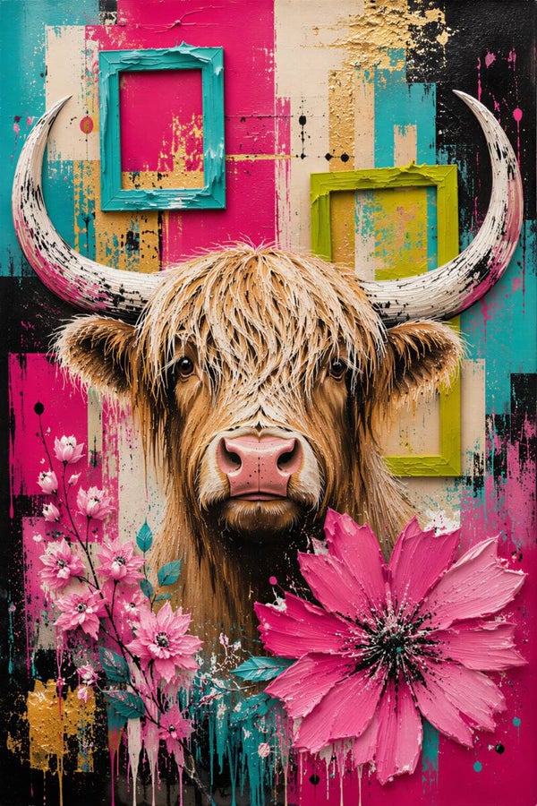 Roze Wildernis – kleurrijk Schotse hooglander schilderij met bloemen