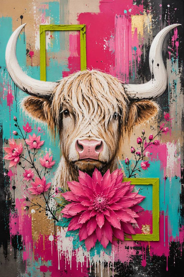 Roze Bloemenbranie – kleurrijk Schotse hooglander schilderij met bloemen