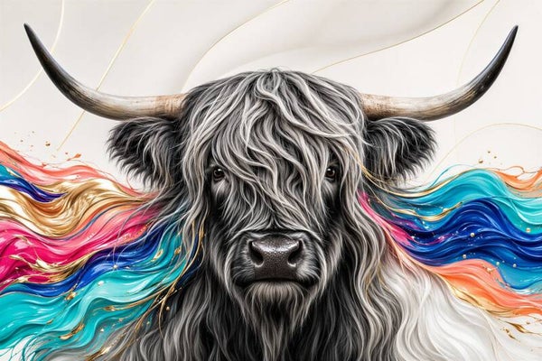 Golven van Kracht – kleurrijk Schotse hooglander schilderij met goud