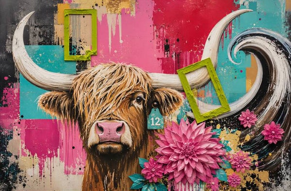 Bloemenkracht – kleurrijk Schotse hooglander schilderij met roze bloemen