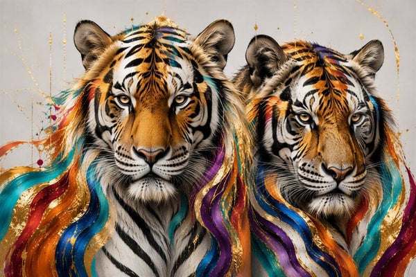 Tijgerverbond – twee tijgers schilderij met kleur en goud