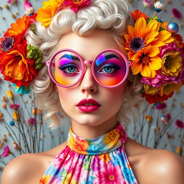Flower Pop – Kleurrijk vrouw schilderij met roze bril en bloemen