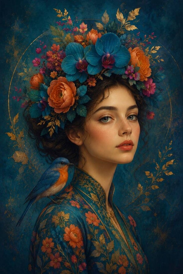 Saffierbloei – vrouw schilderij met blauw vogeltje en bloemenkroon