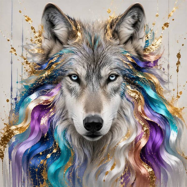 Zilveren Wachter – wolf schilderij met blauwe ogen en goud