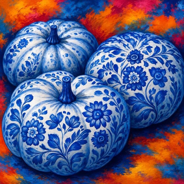 Kleurrijke Delftse Oogst – Delfts blauw pompoenschilderij