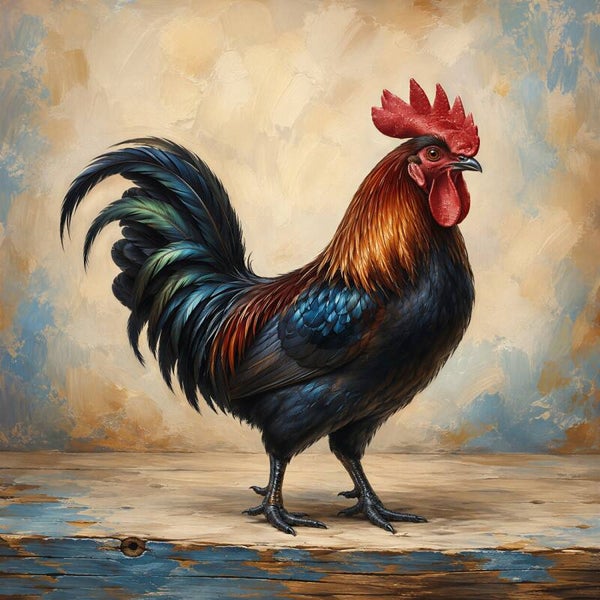Kleurrijke Erfhaan – Landelijk haan schilderij in blauw, rood en warme tinten
