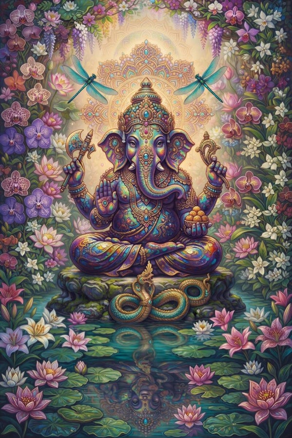 Wijsheid in Bloei – Kleurrijke Ganesha tussen lotusbloemen