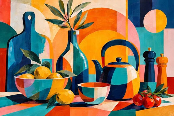 Kleurrijke Keukentafel – abstract schilderij met theepot, citroenen en tomaten