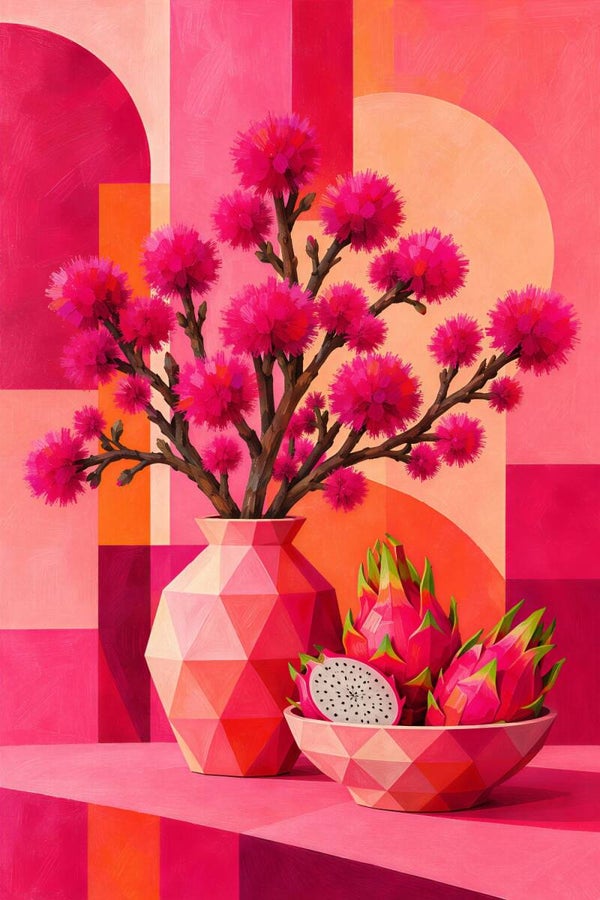 Pink Dragon – kleurrijk kunstwerk met drakenfruit, bloemen en vaas