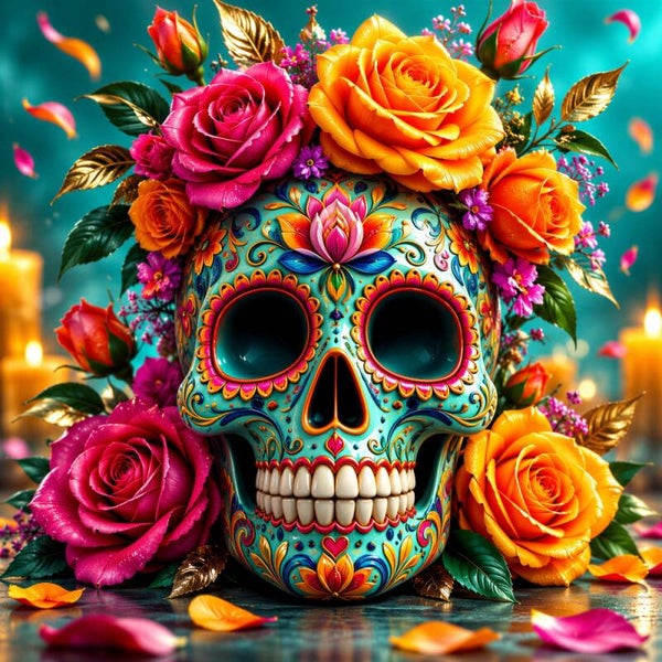 Eeuwige Bloei – Kleurrijke Mexicaanse schedel met rozen