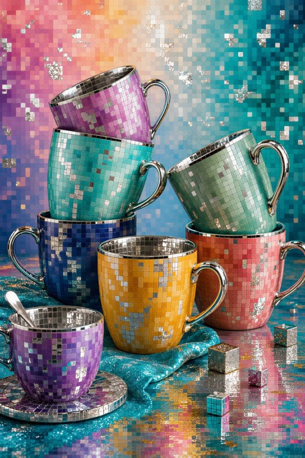 Disco Coffee – kleurrijke mokken wanddecoratie met mozaïek en zilverglans