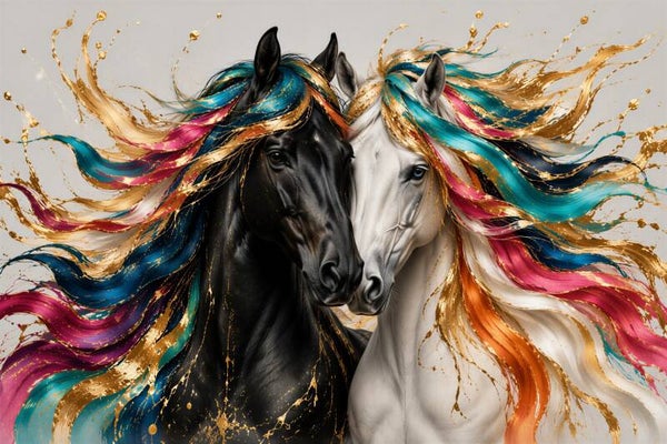 Zij aan Zij – zwart-wit paarden schilderij met kleur en goud