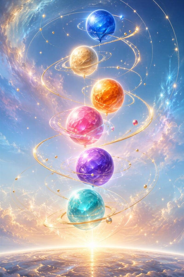 Celestial Harmony – Kleurrijke Planeten Fantasy Schilderij in Blauw Roze Paars en Goud