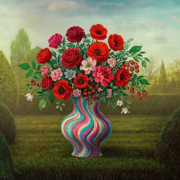 Red Romance in Regenboogvaas – expressief boeket in het ochtendlicht