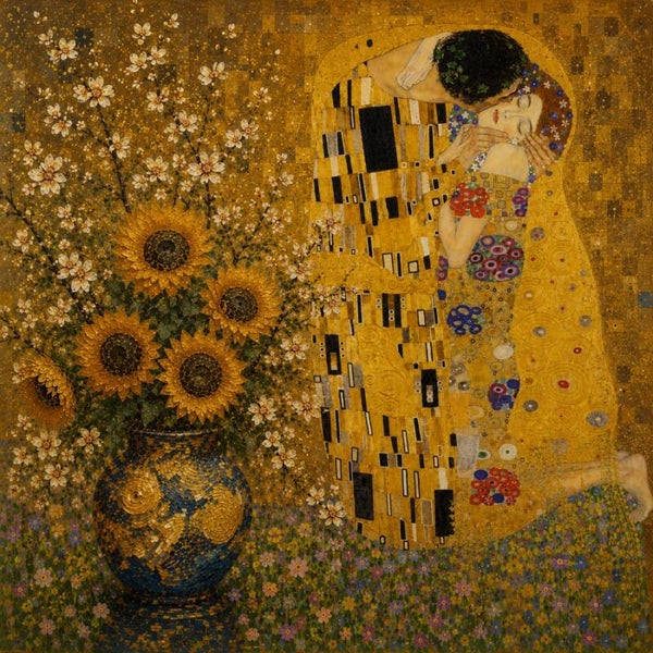 Klimt ontmoet Van Gogh - De Kus met Zonnebloemen Wanddecoratie