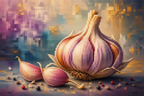 Knoflook in Pixels – kleurrijk knoflook schilderij voor keuken met goudaccenten