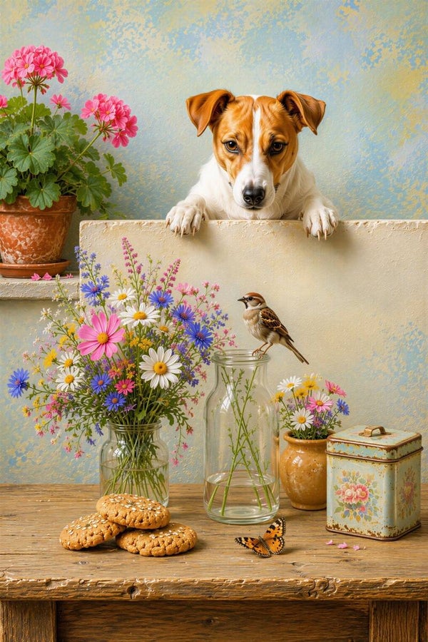 Koekjeswachter – landelijk schilderij Jack Russell Terriër mus bloemen