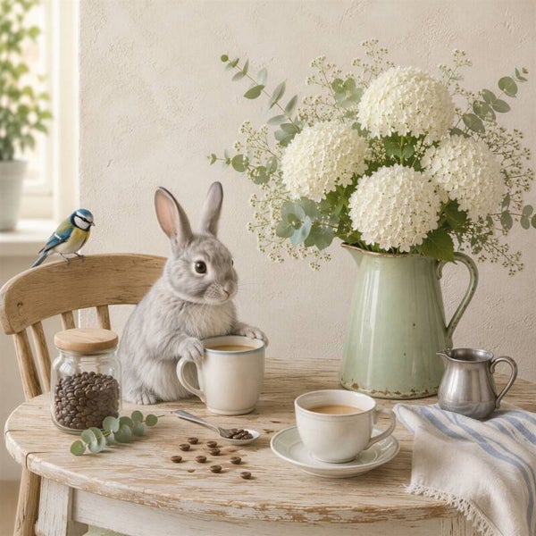 Koffie & Gezelschap – konijn schilderij koffie hortensia landelijk