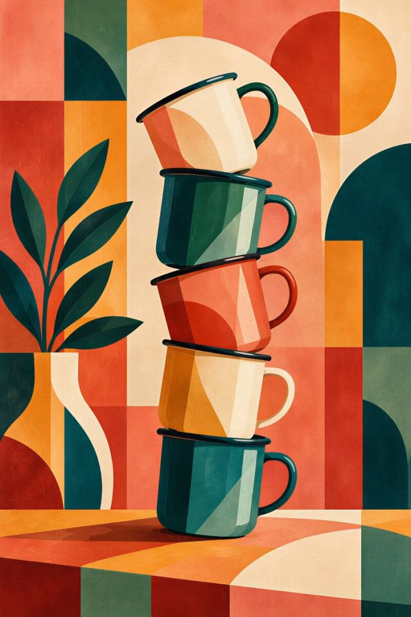 Koffie in Balans – abstract keuken schilderij met kleurrijke koffiekopjes