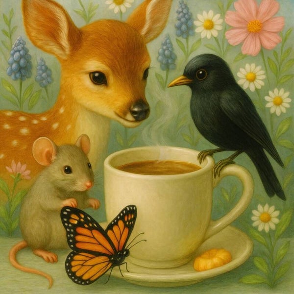 Koffie in de Bloementuin – schilderij hert, muis, vogel en vlinder bij kop koffie