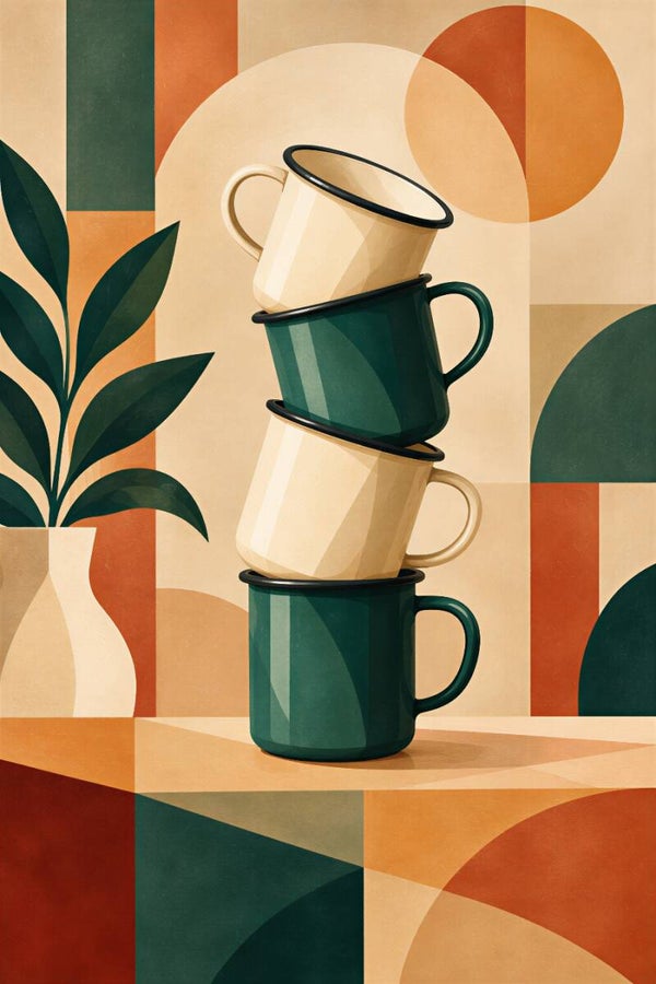Koffiepauze in Groen – abstract keuken schilderij met gestapelde koffiekopjes