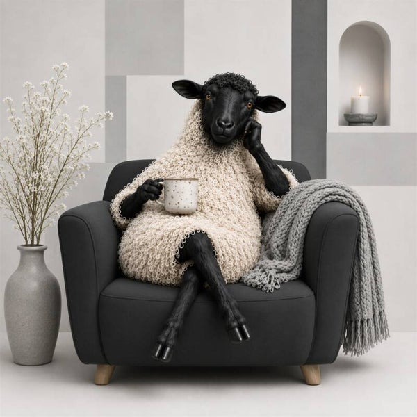 Koffiepauze – schapen schilderij met fauteuil en koffiemok