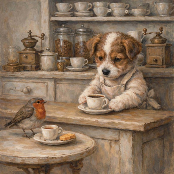 Koffiepraat aan de Toog – landelijk schilderij met hond en roodborstje
