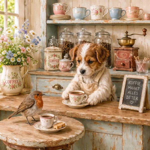 Koffiepraat – schilderij met hond, roodborstje en koffiehoek