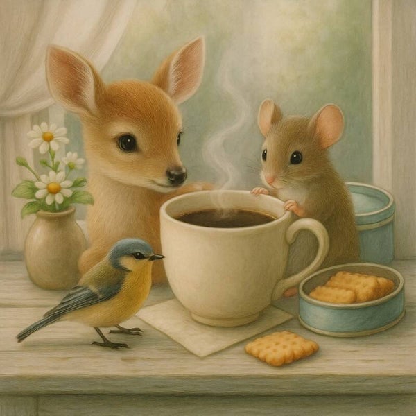 Koffiestilte – schilderij hertje, muis en vogel bij warme kop koffie