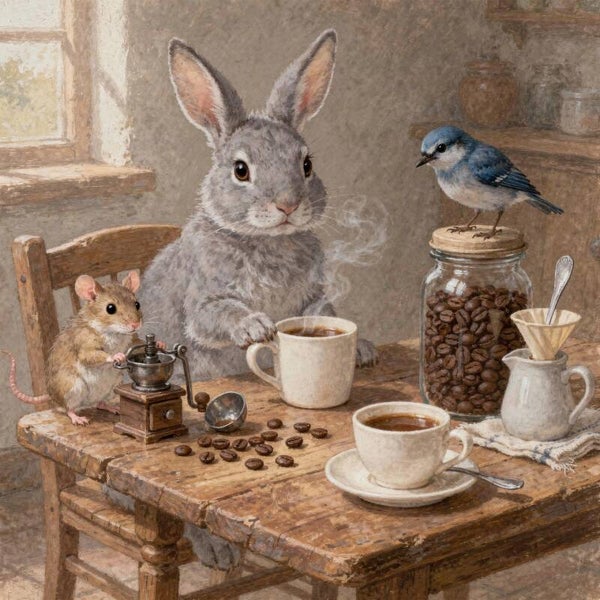 Koffietijd aan de Houten Tafel – schilderij met haas, muis en vogel in landelijke sfeer